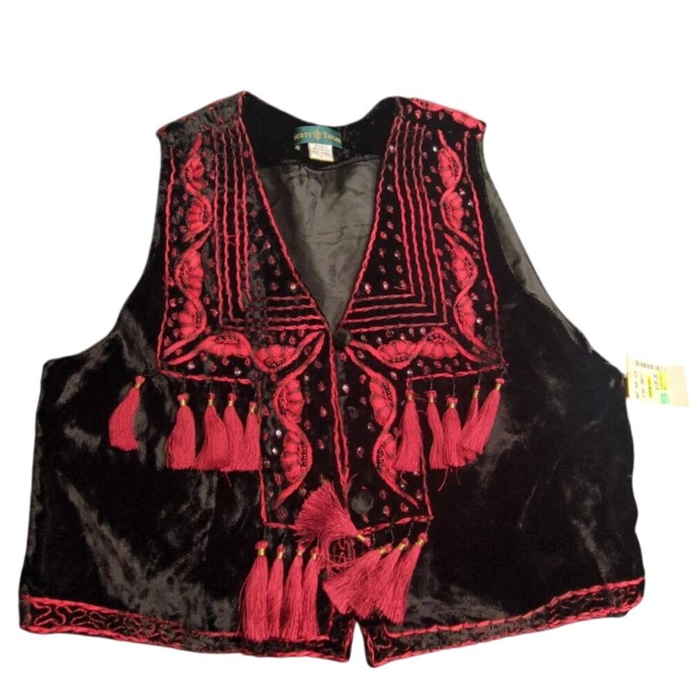 Scott Taylor NWT Deadstock Sz L Crushed Velvet Black and Red Cropped Vest FLAW